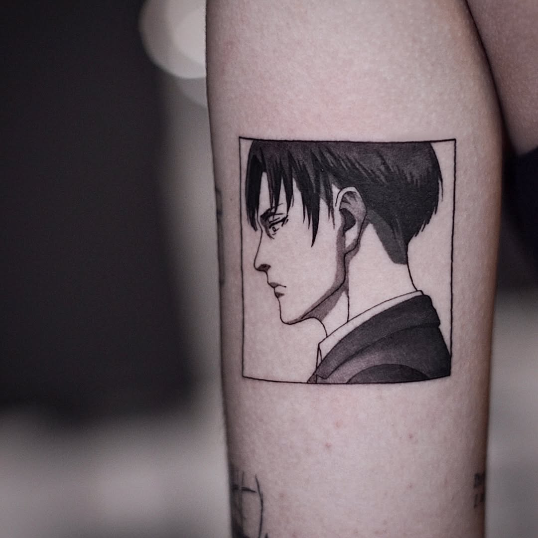 Crisp manga-profile Levi Ackerman portrait in a square frame.