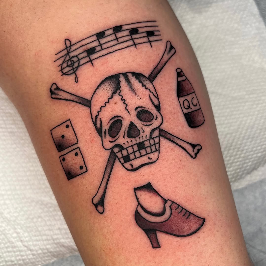 Cartoonish skull-and-crossbones with dice, notes, sneaker