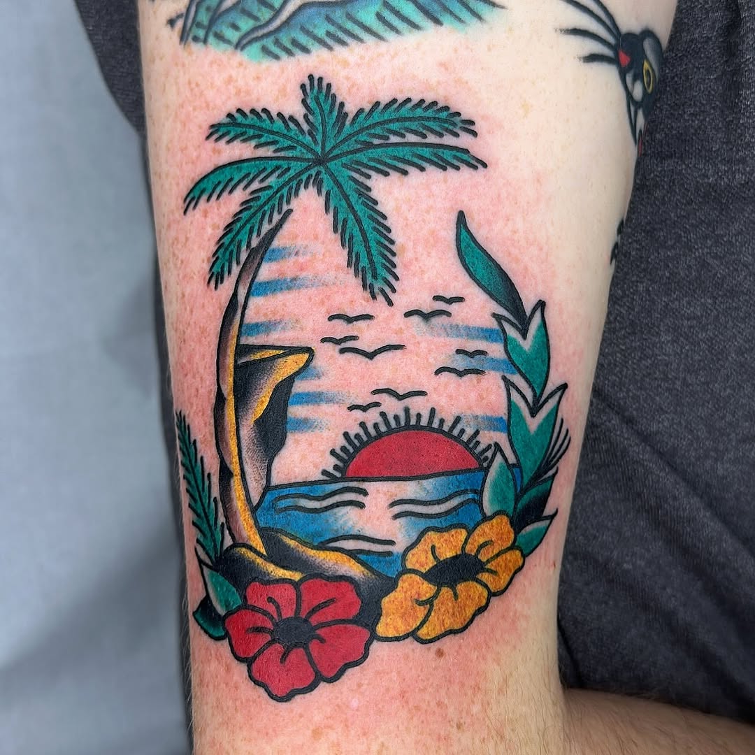 Vibrant neo-traditional coastal scene with hibiscus and sun