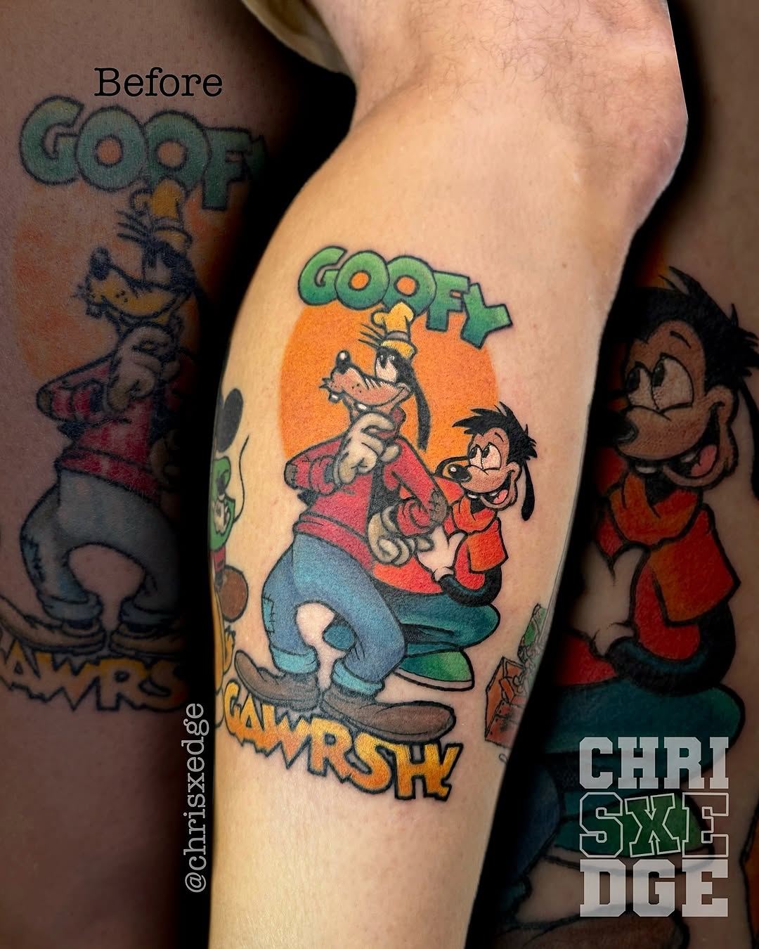Vibrant Goofy and Max cartoon tattoo with bold outlines