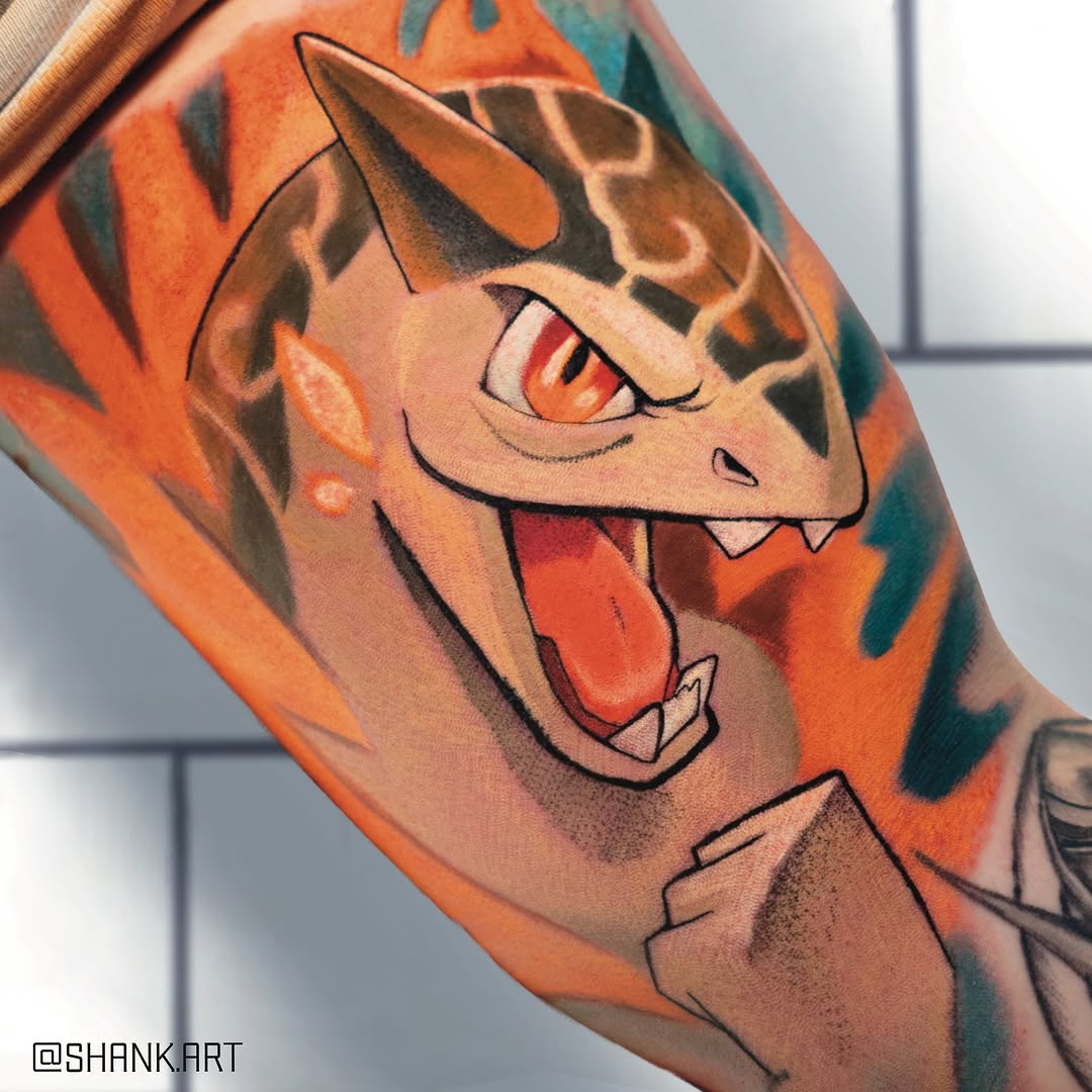 Vibrant Charizard-inspired cartoon head with bold outlines.