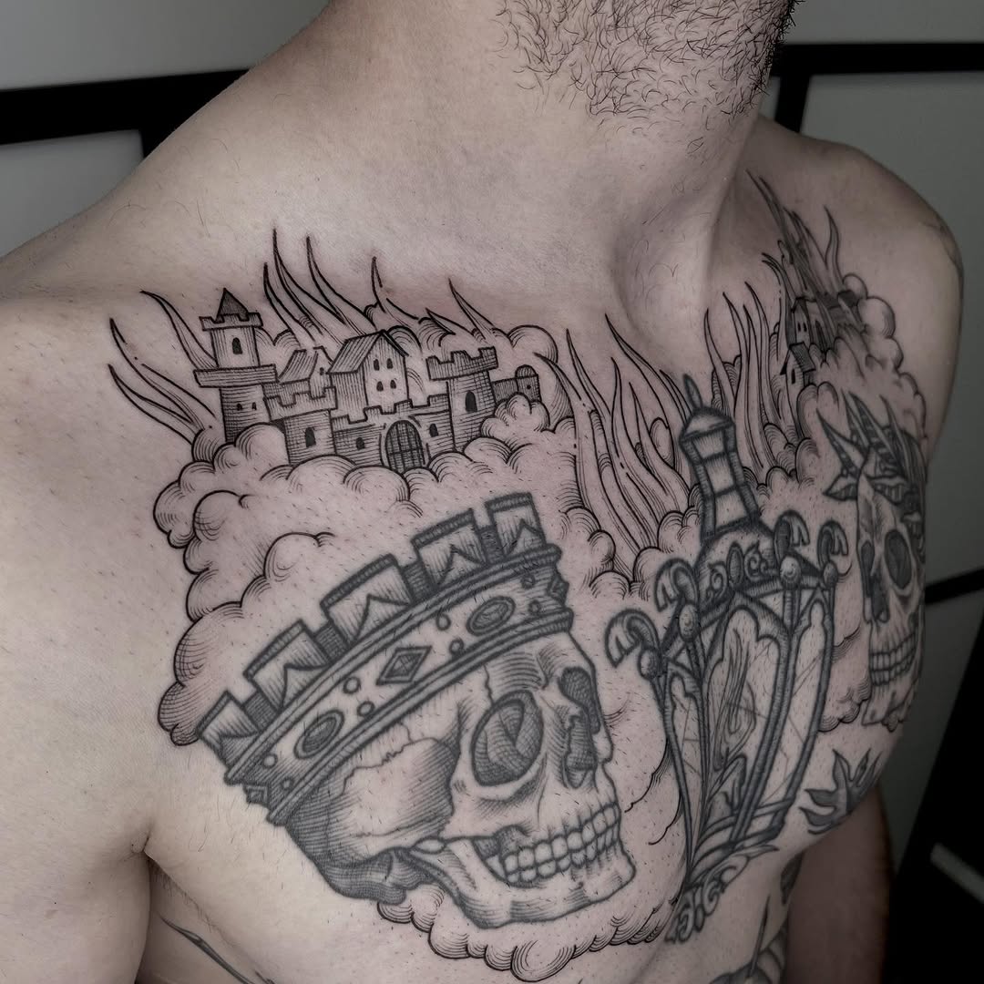 Sinister skull with crown over clouded medieval fortress.