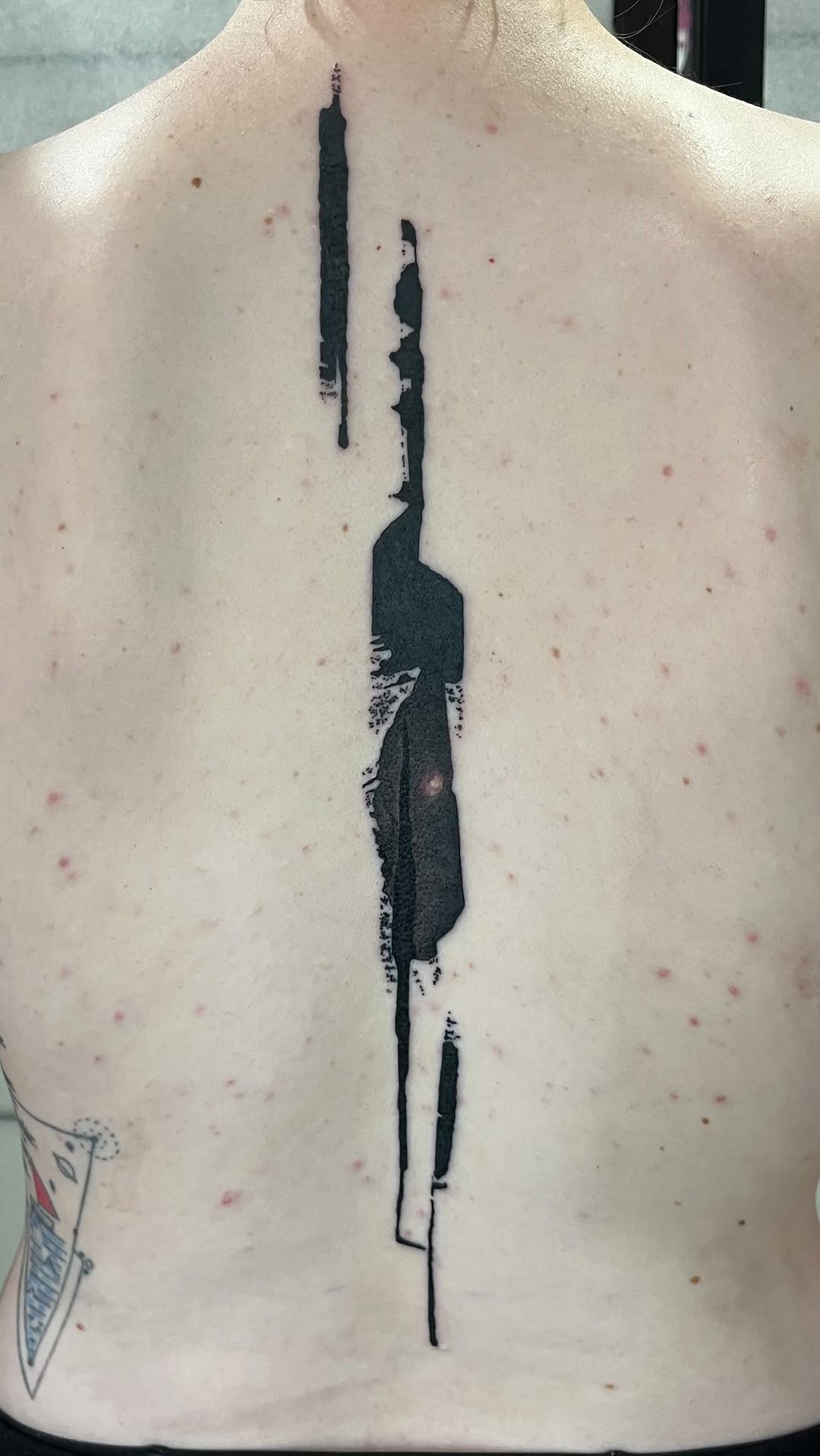 Long vertical black geometric abstraction along the spine