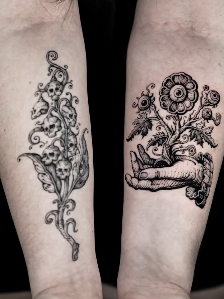 Dual forearm tattoos: skulls with ornate floral woodcut