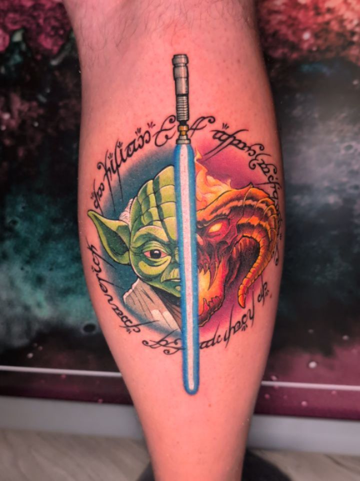 Playful Star Wars x LOTR mashup with glowing lightsaber