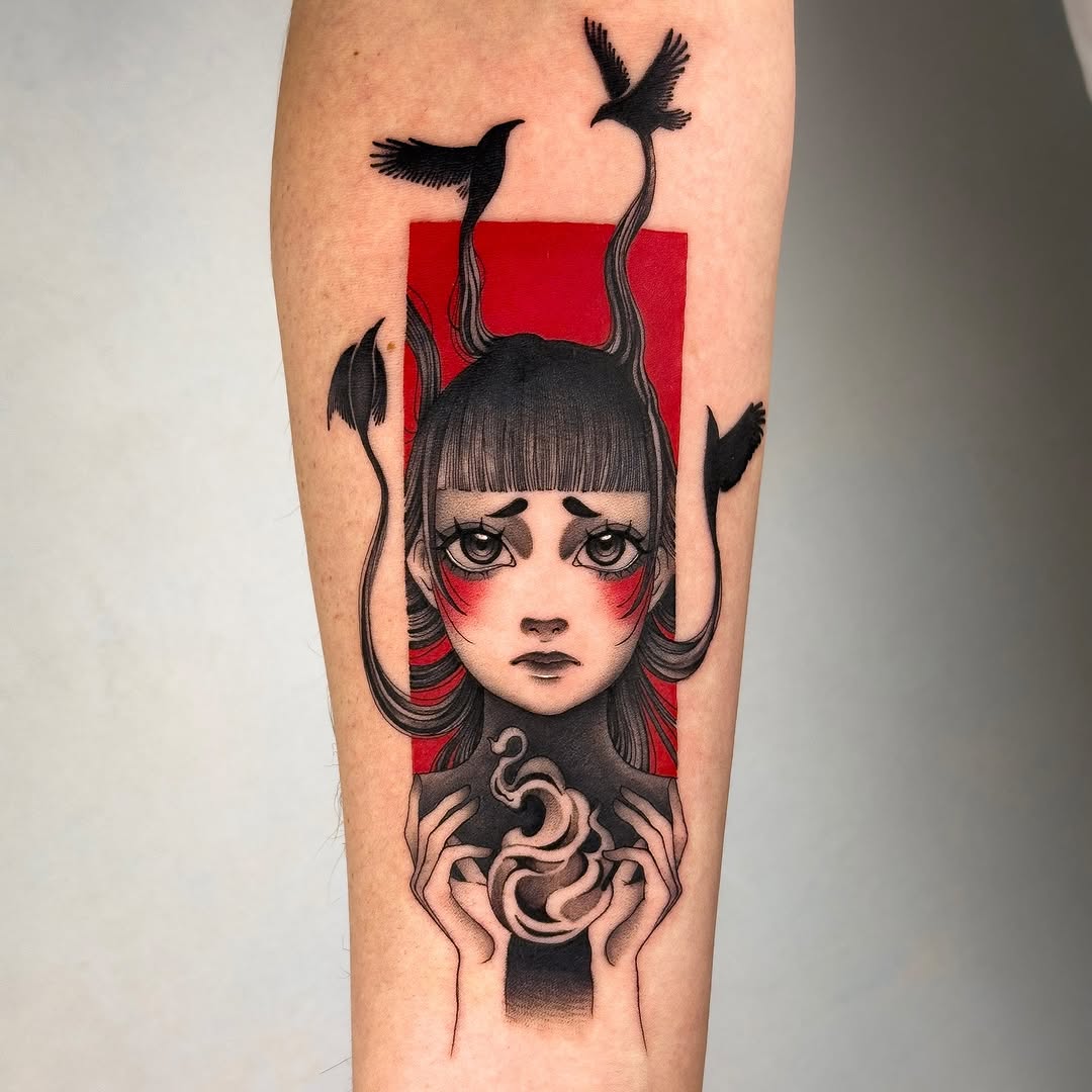 Bold illustrated neo-traditional girl portrait framed by red rectangle