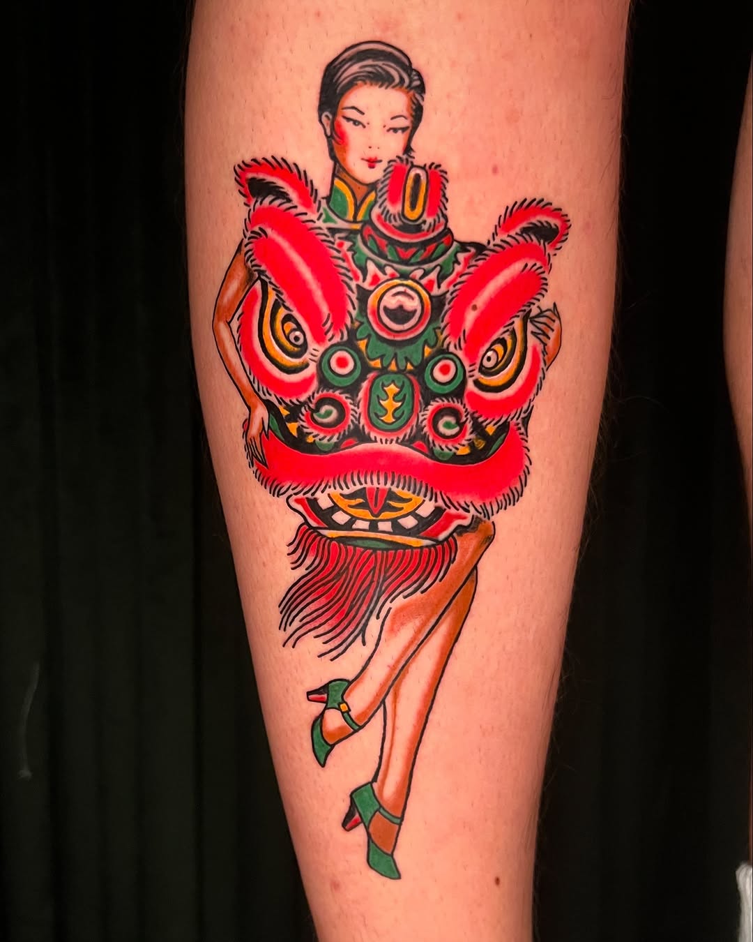 Vibrant neo-traditional Chinese opera lion mask with dancer