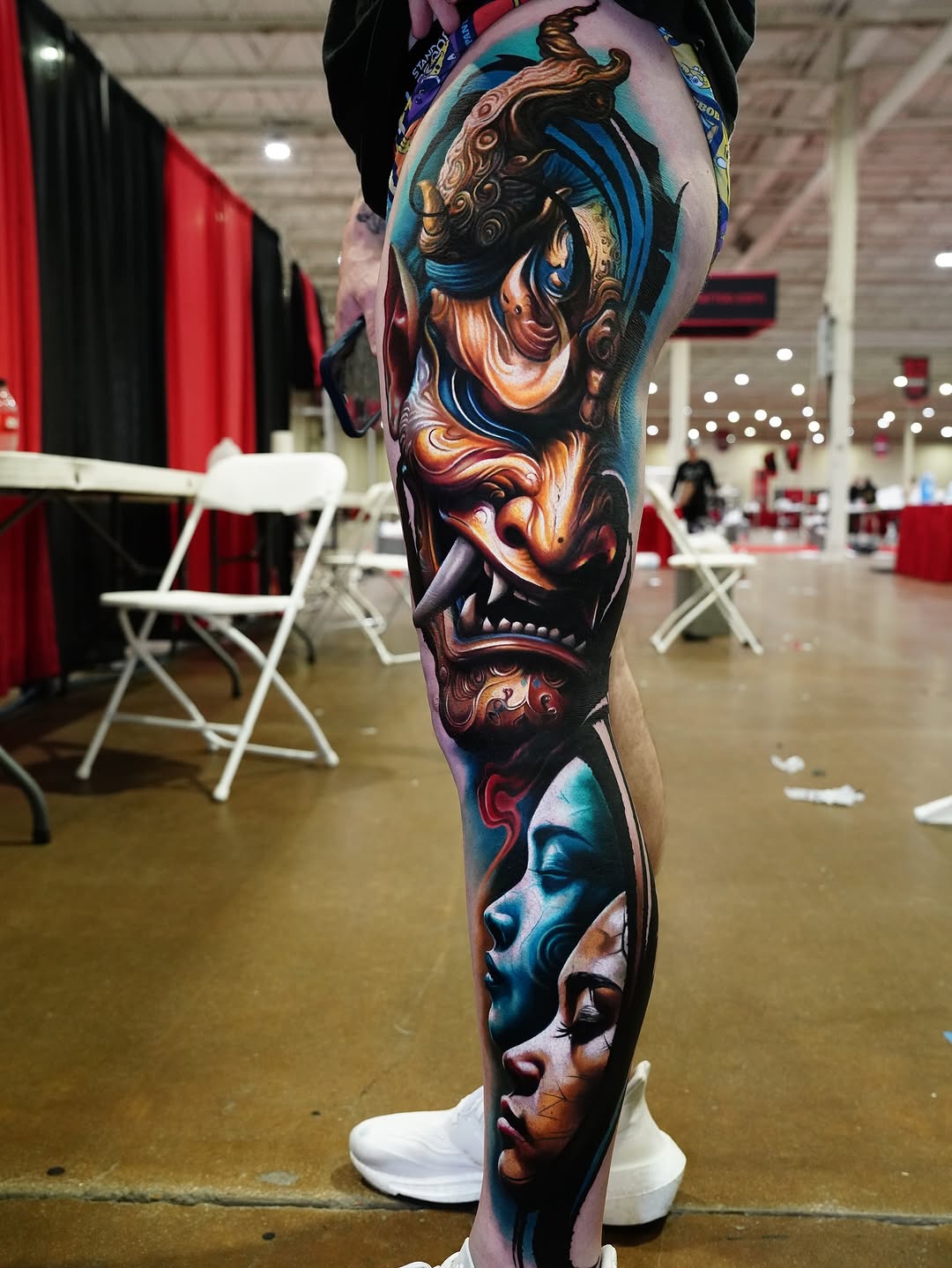 Vibrant full-leg sleeve blending dragon-demon with geisha portrait