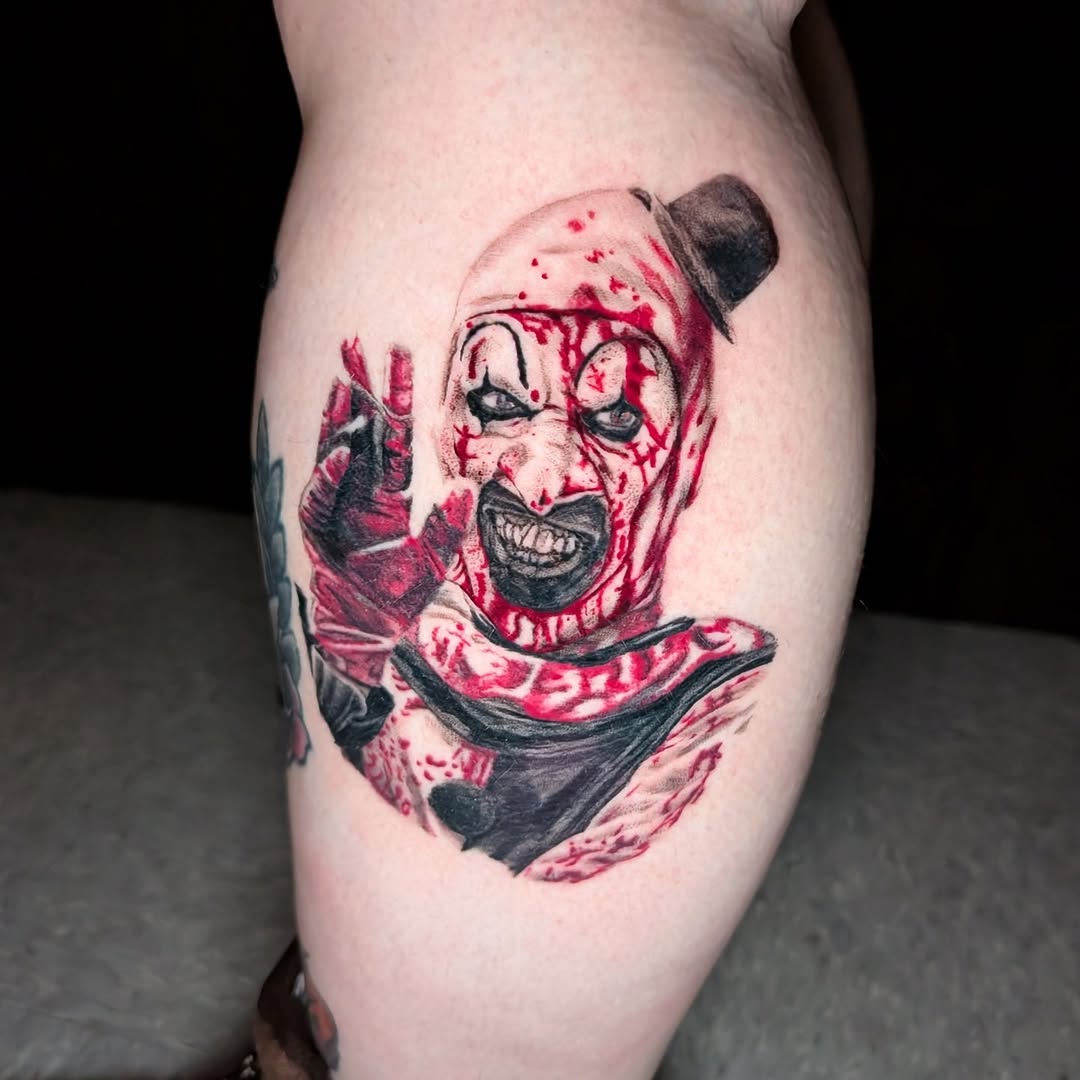 Bleeding clown horror portrait in vivid red and black