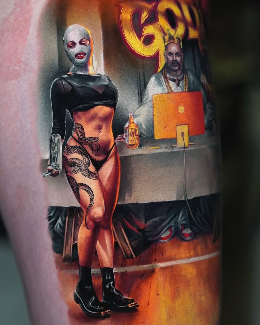 Fierce neo-noir Last Supper reinterpretation with masked siren