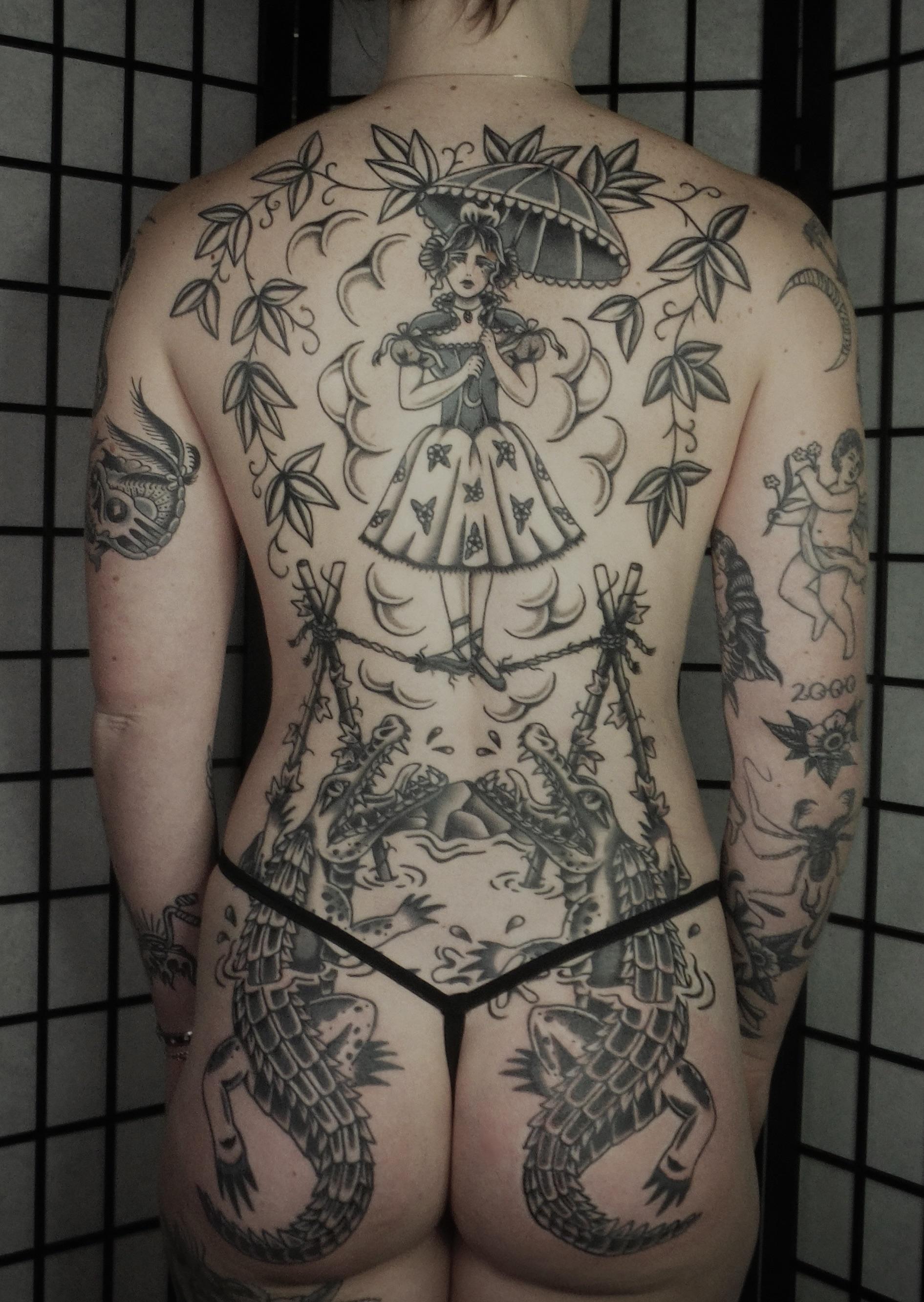 Intricate back-piece: Victorian girl under parasol, dragon guardians