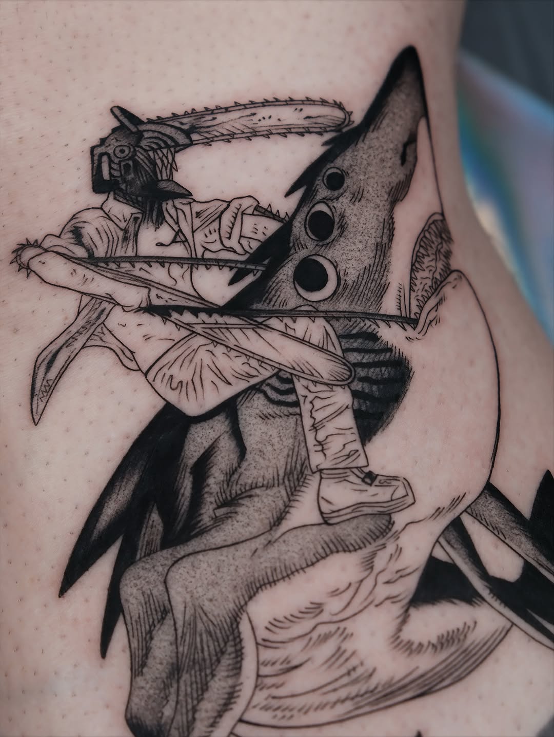 Monochrome Chainsaw Man-inspired Denji figure in dynamic pose