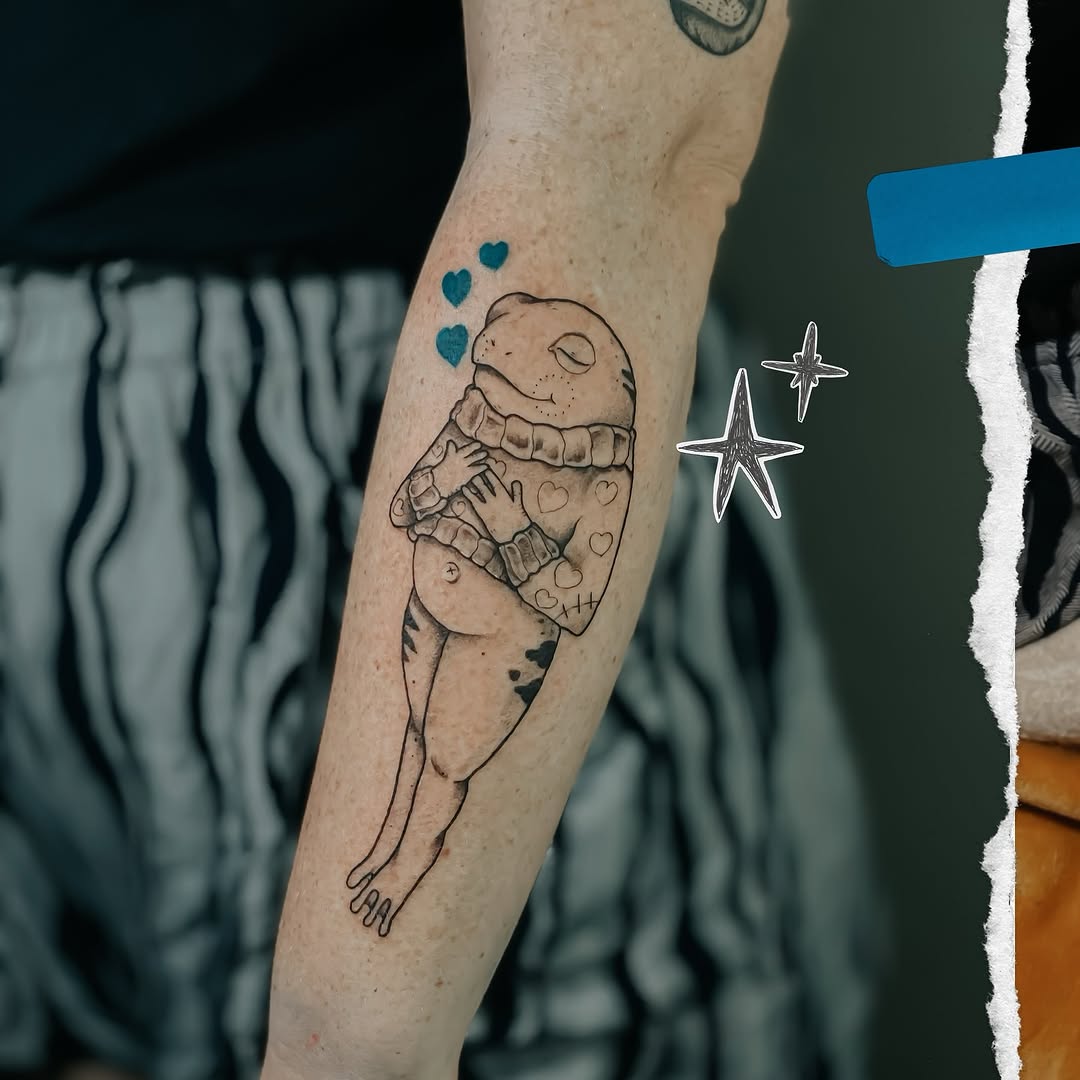 Whimsical frog in scarf hugs hearts with cozy charm