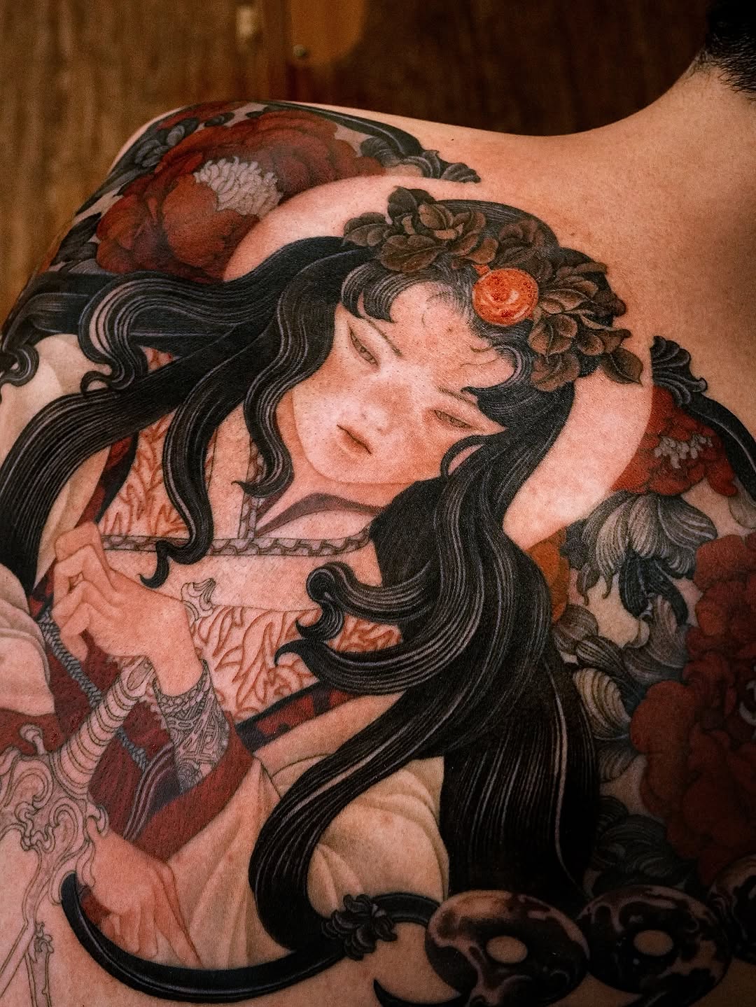 Whispering Amaterasu-inspired portrait with flowing hair and florals