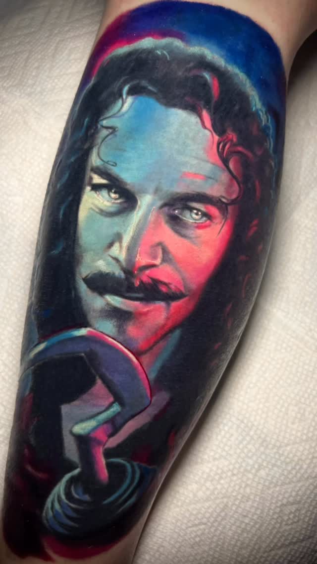 Vivid Captain Hook portrait in neon blue-pink shading.