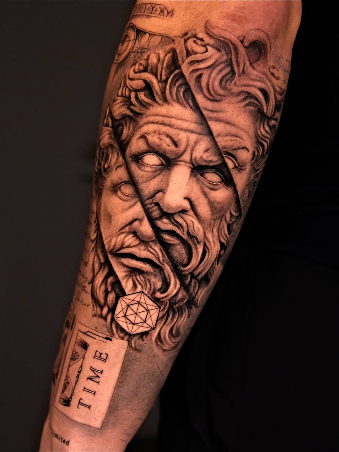 Hyper-detailed black-and-gray mythic statue head with geometric overlay