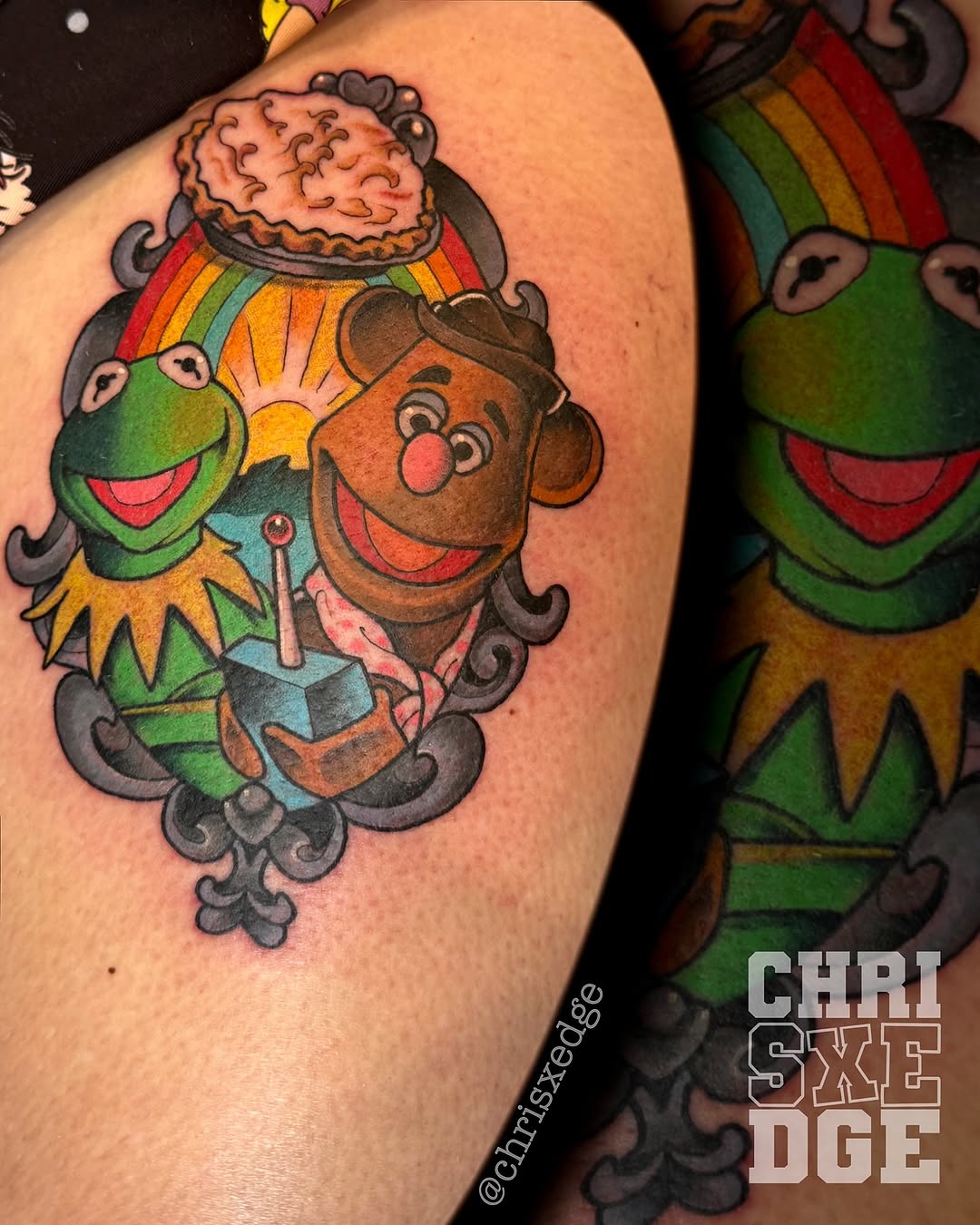 Bright Muppet duo tattoo featuring Kermit and Fozzie with cake and rainbow
