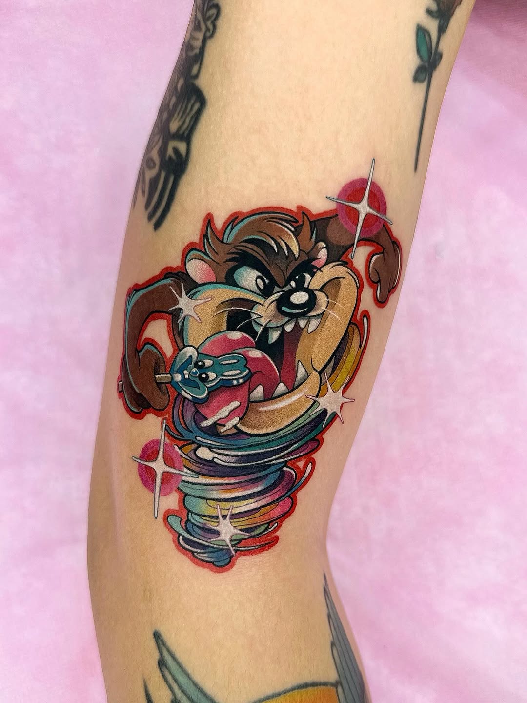 Energetic Tasmanian Devil cartoon, bold lines, rainbow swirl.