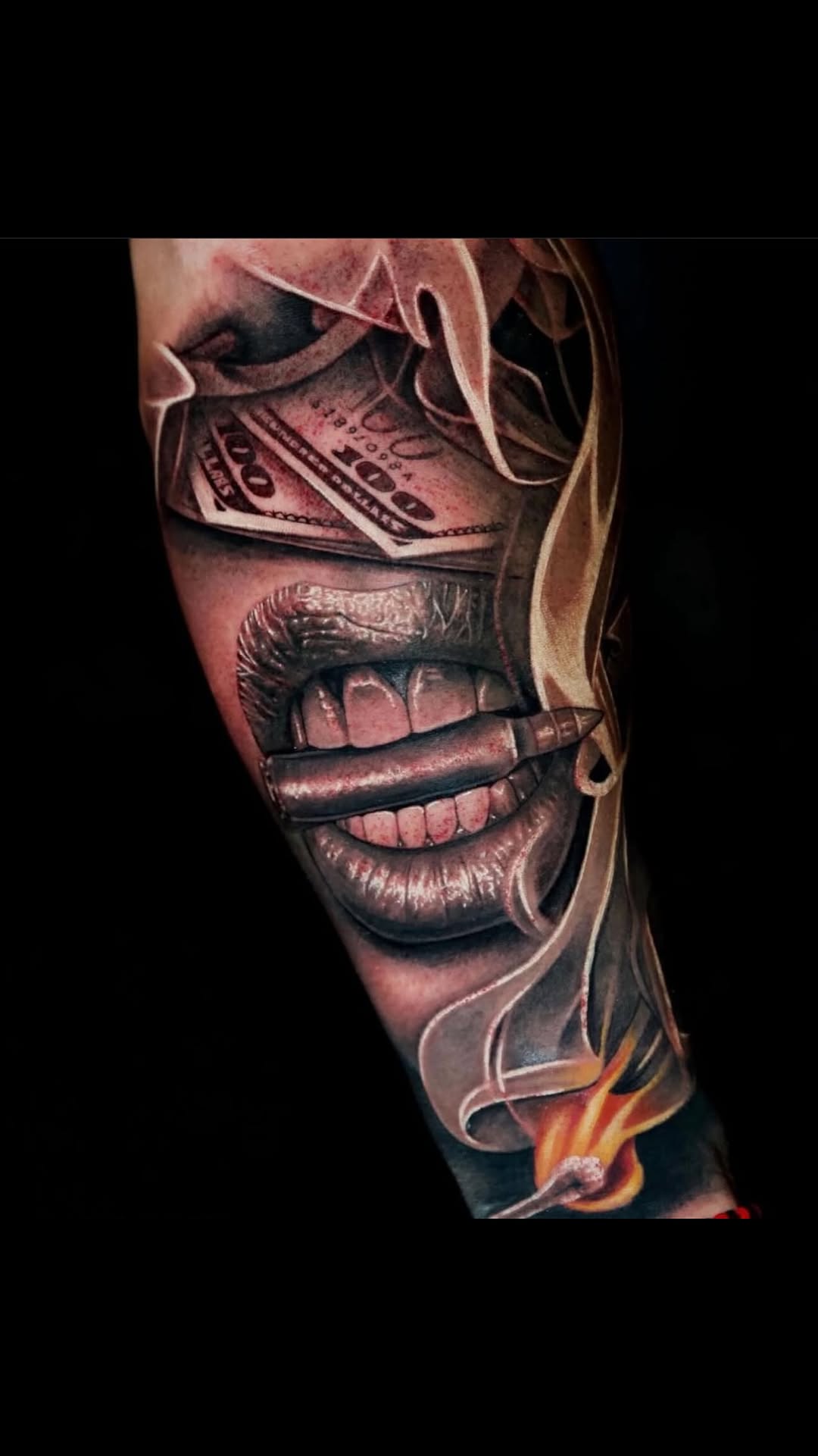 Vivid black-and-gray lips and money motif with flame