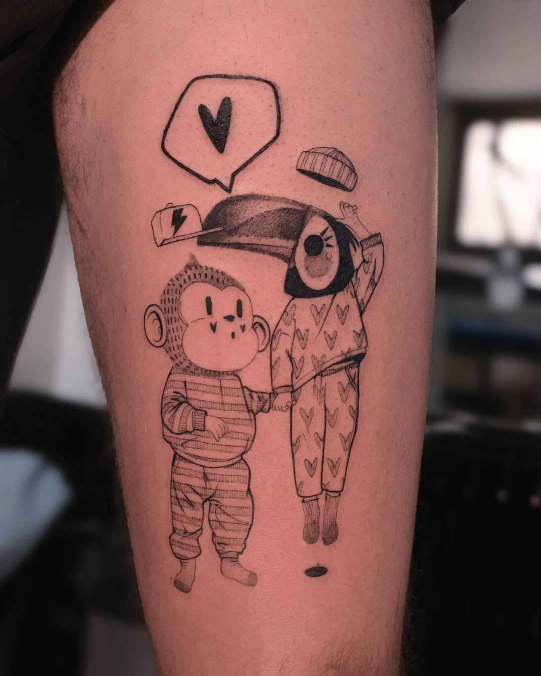 Cartoonish linework illustrating a tender parent-child bond between monkey and bird.