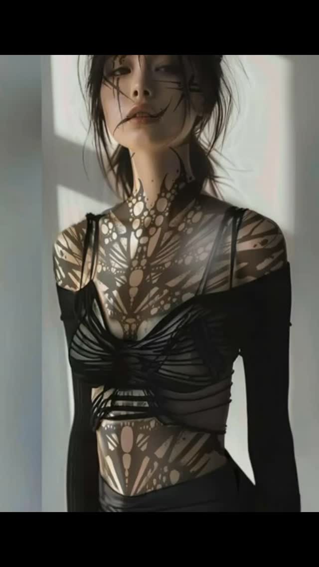 Intricate organic blackwork spanning neck and chest.