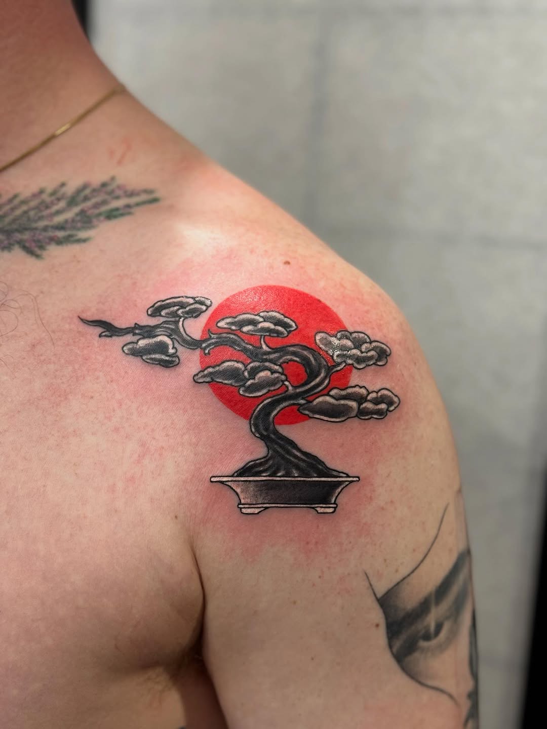 Bold Japanese-inspired bonsai tree with red sun backdrop