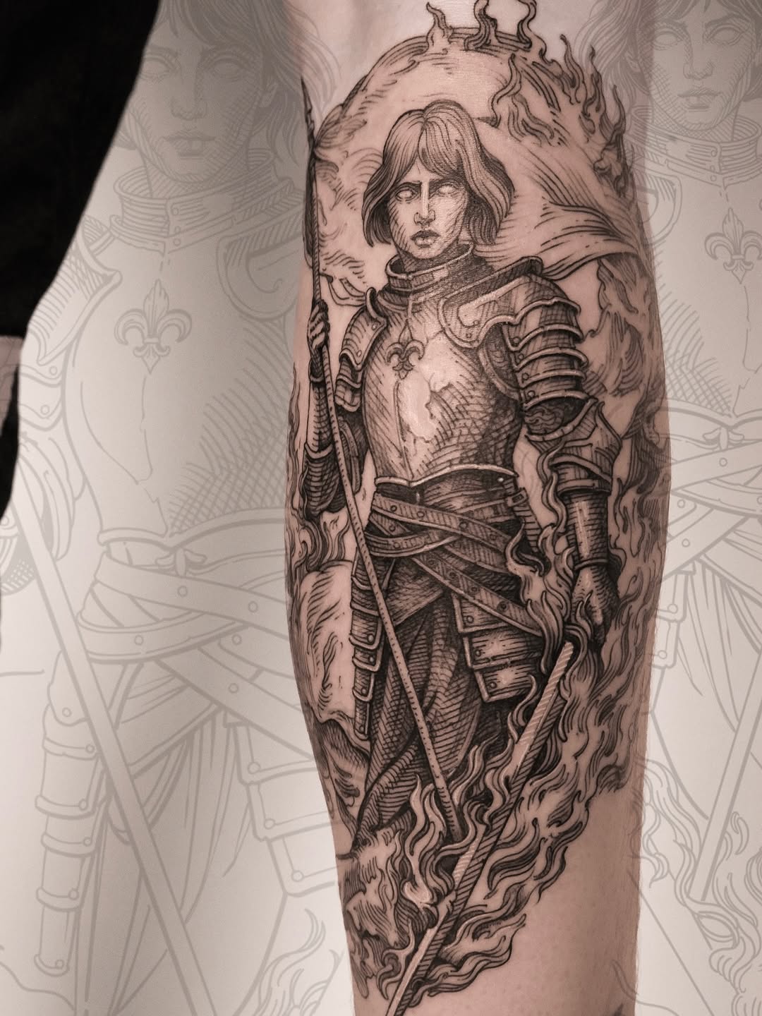 Crusader knight in intricate armor amid swirling flames.