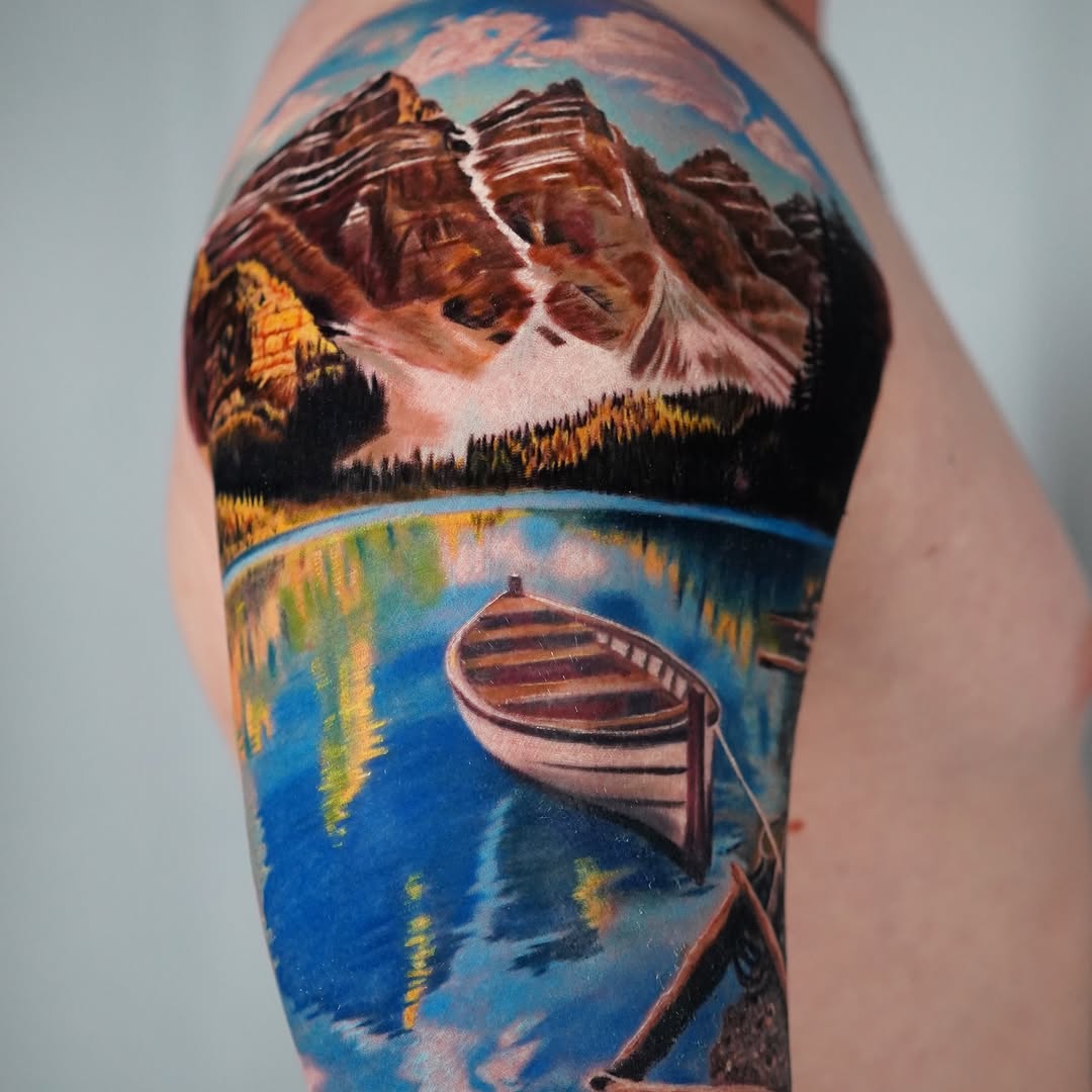 Lifelike alpine landscape with lake and boat