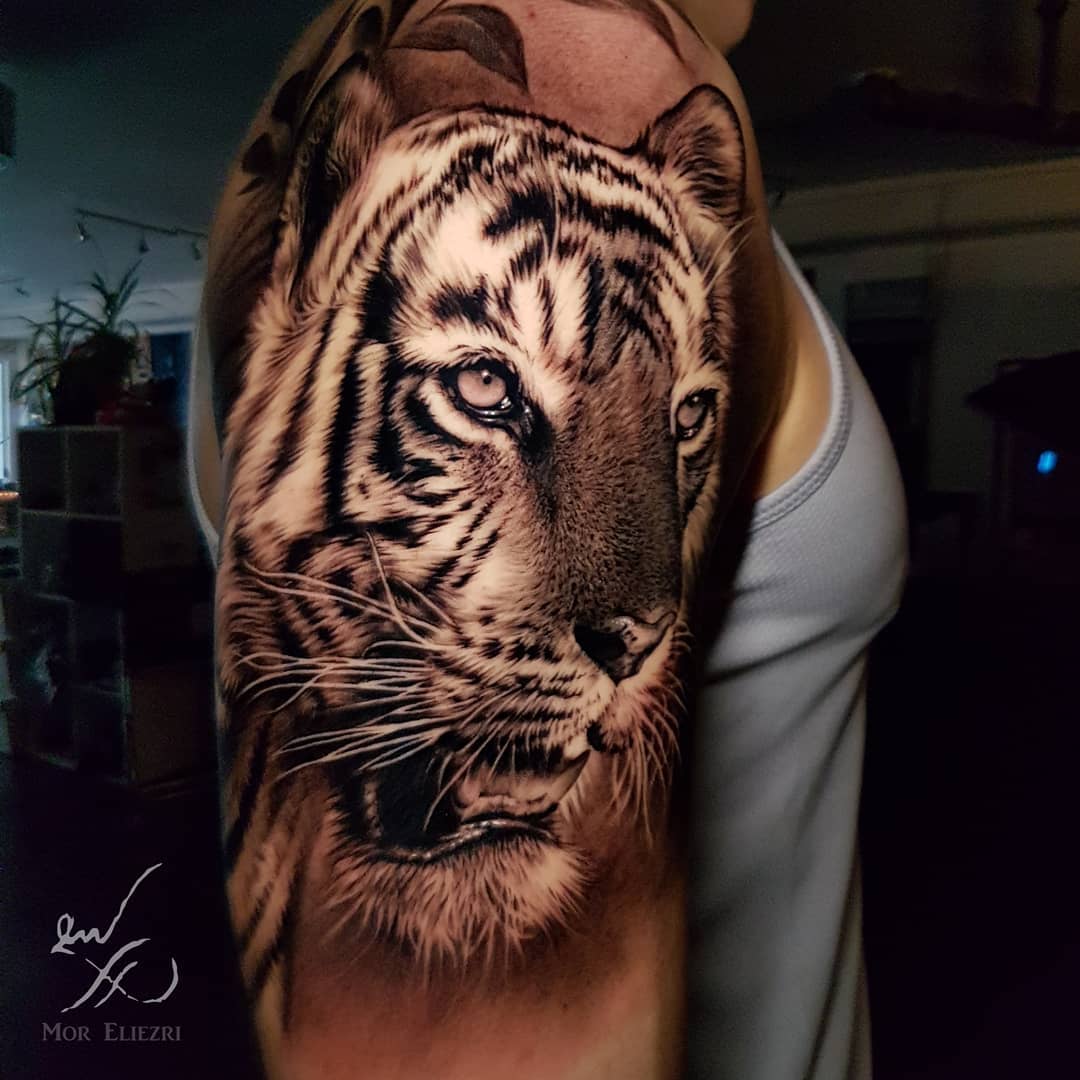 Hyper-realistic black-and-gray tiger head portrait on upper arm.