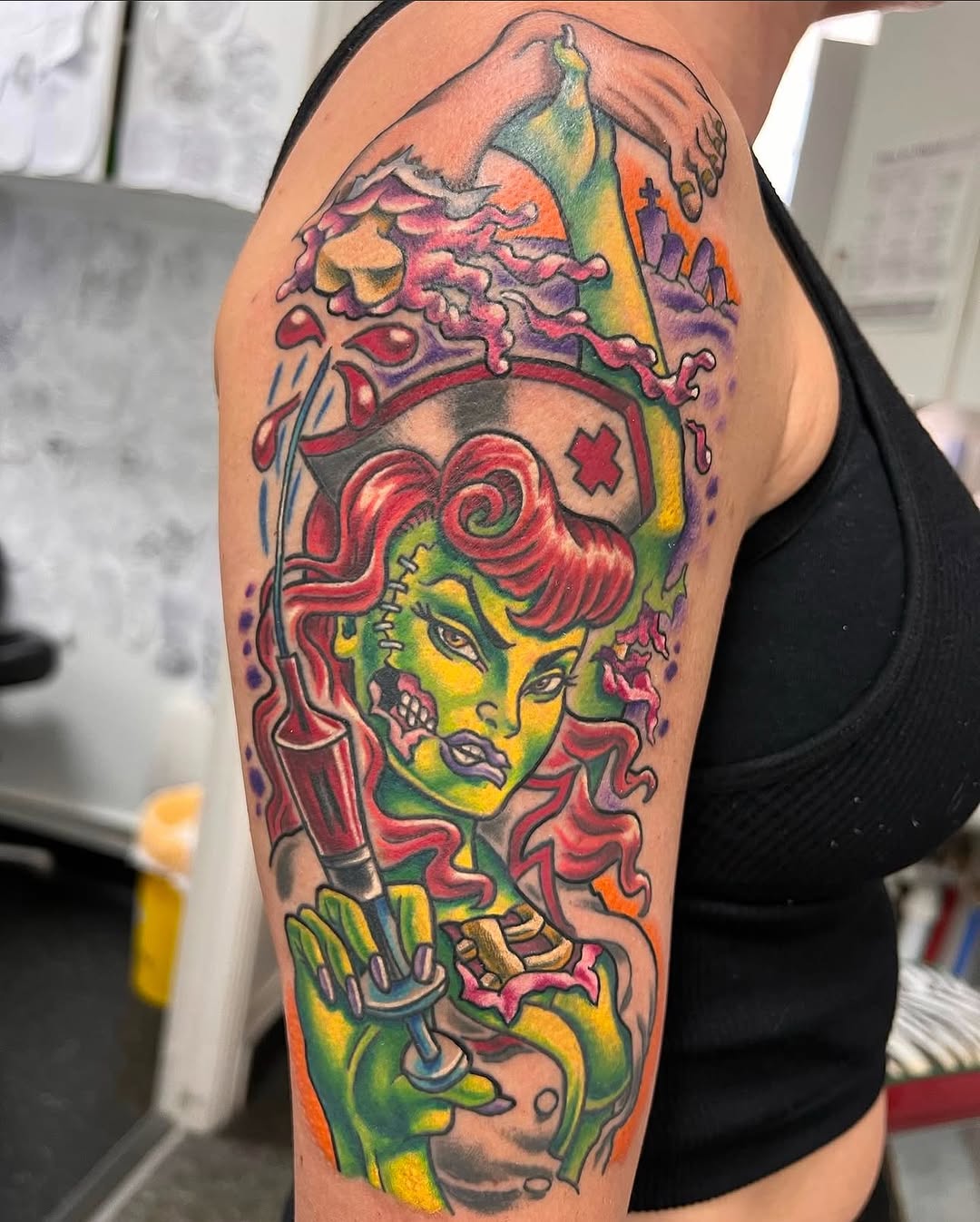 Vibrant zombie-nurse portrait with neon neo-traditional flair