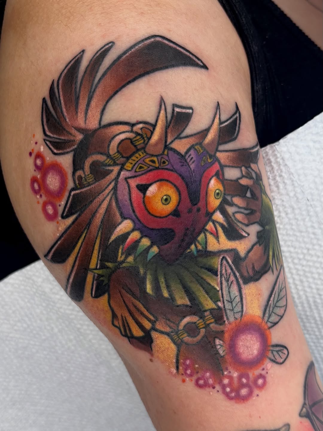 Vibrant Skull Kid/Majora's Mask in bold neo-traditional style.