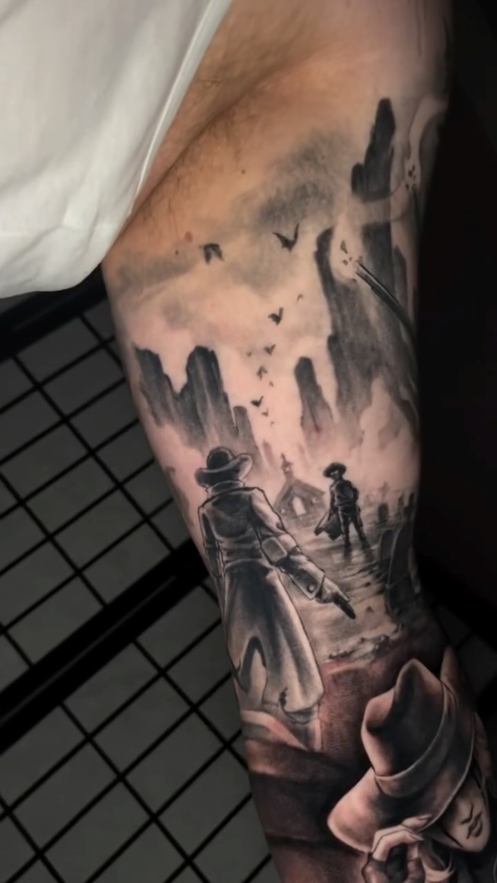 Noir cityscape with two coat-clad silhouettes in mist