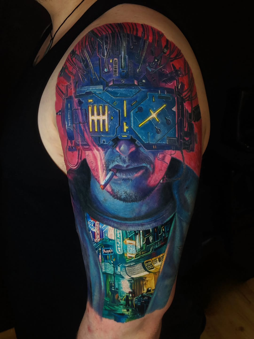 Vibrant cyberpunk portrait with neon urban skyline
