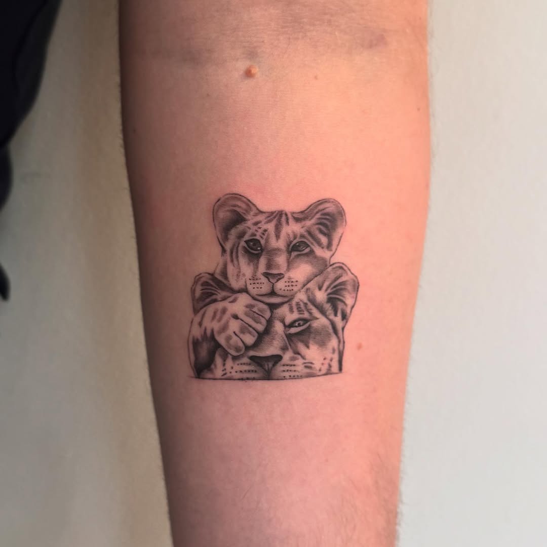 Twin lion cubs cuddle with gentle shading.