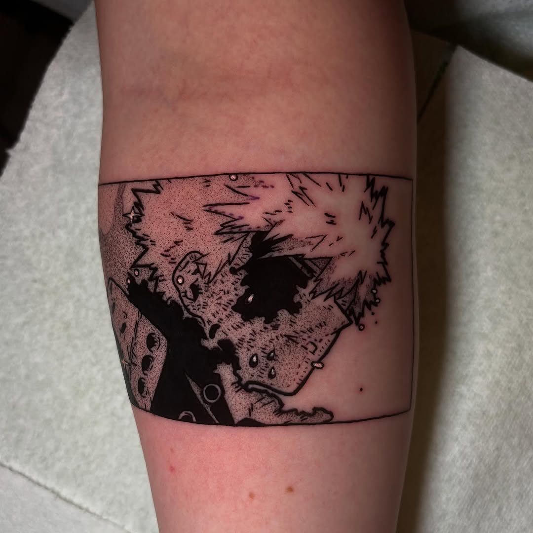 Bold manga-panel Bakugo portrait in black ink.