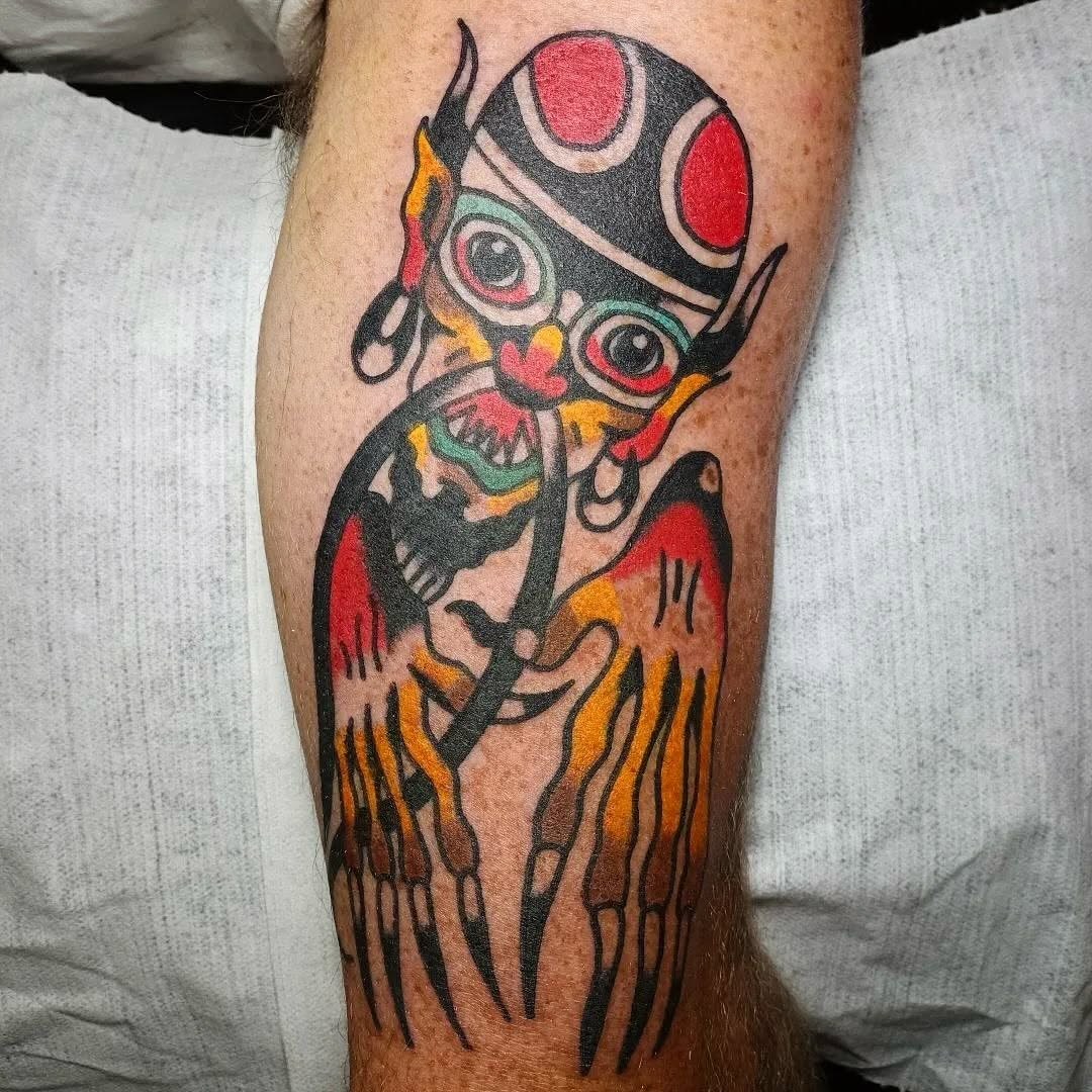 Bold neon cartoon creature with oversized eyes, winged, skeletal limbs