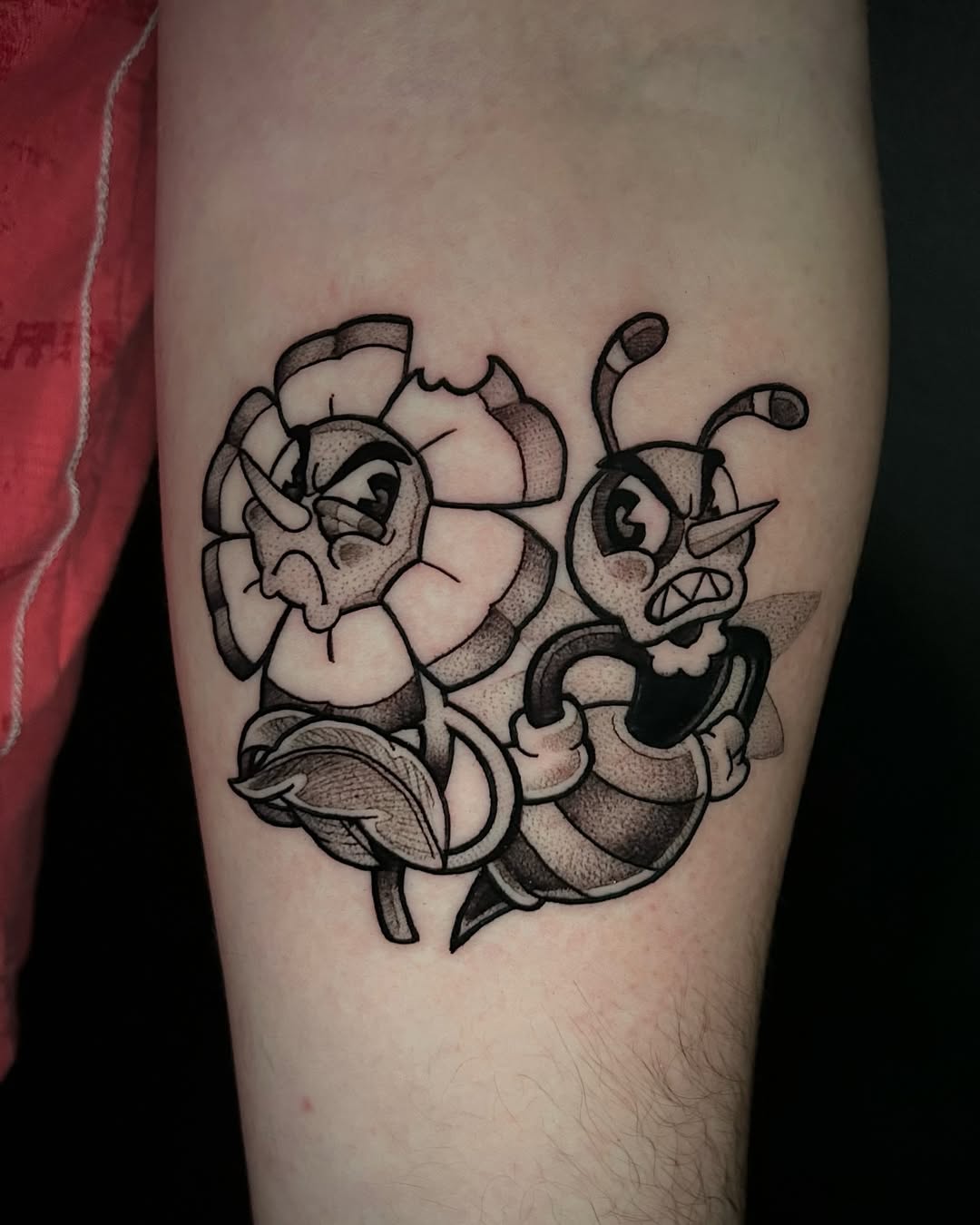 Bold rubberhose-style bee entwined with a vintage flower.