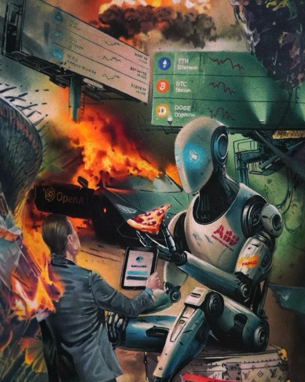 Vibrant sci-fi sleeve with robot, man, and crypto icons.