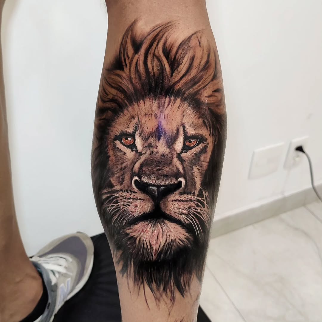 Striking black-and-gray lion portrait with ferocious gaze