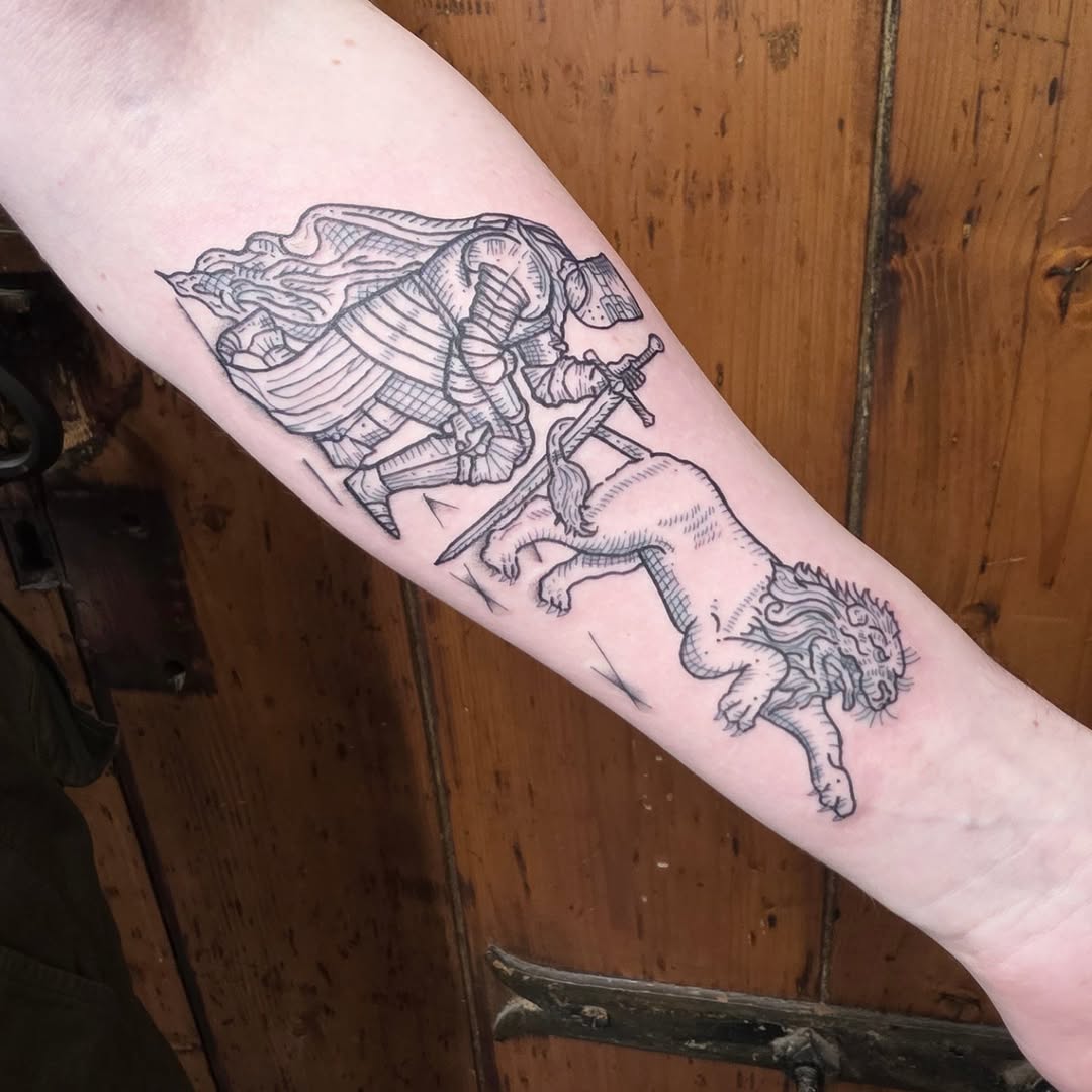 Woodcut-inspired knight on horseback dueling a lion