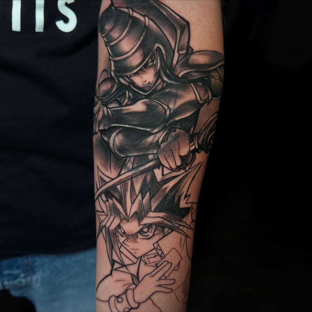 Dramatic blackwork portrait of Yugi and Dark Magician