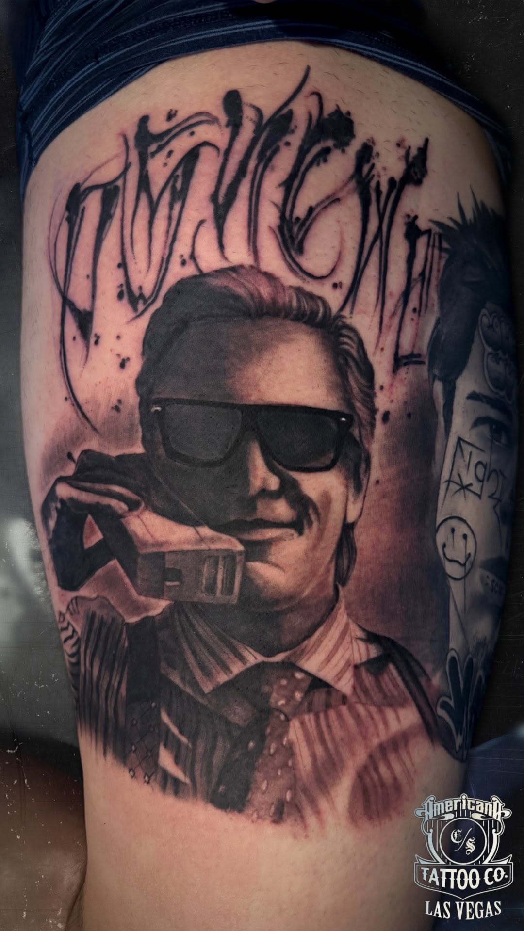 Hyper-detailed grayscale portrait in suit with sunglasses