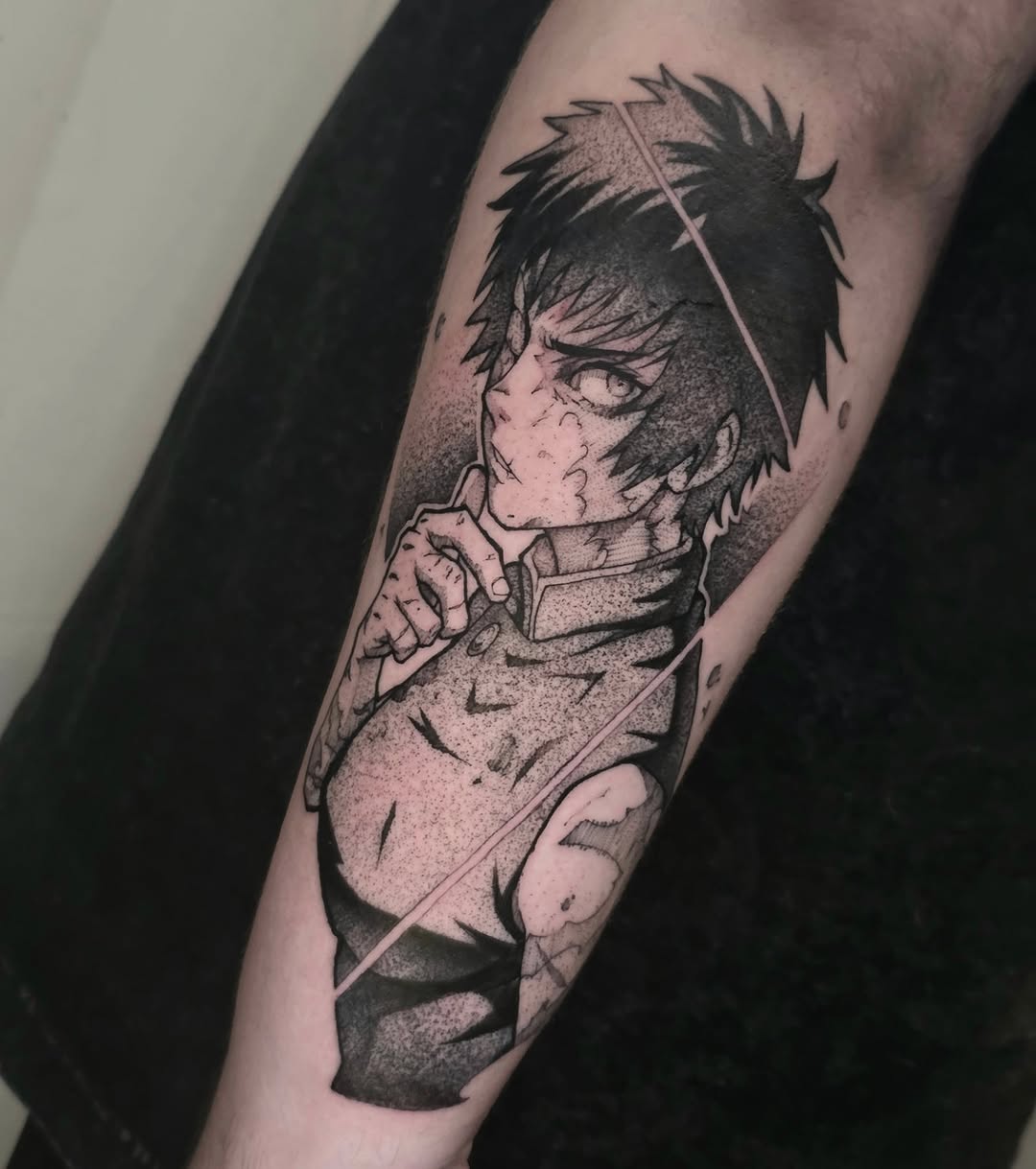 Bold blackwork manga portrait with dotted shading