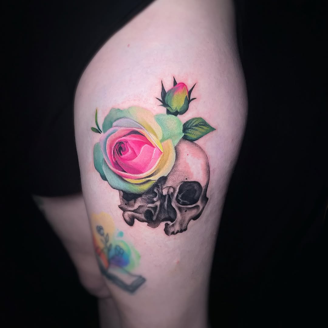 Colorful rose crown atop a grayscale skull, dramatic.