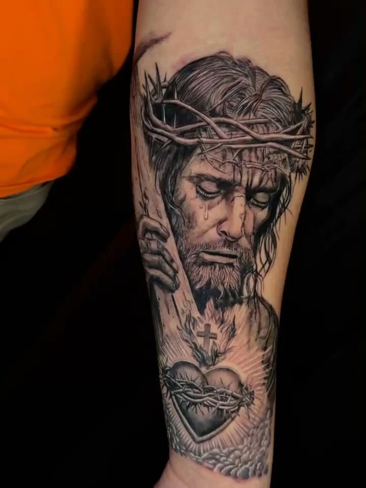 Monochrome Jesus portrait in bold black-and-gray realism