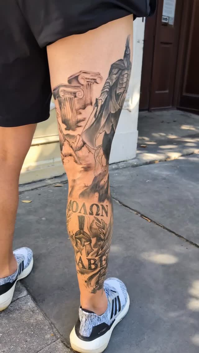 Neoclassical calf sleeve with ruins, columns, laurel shading