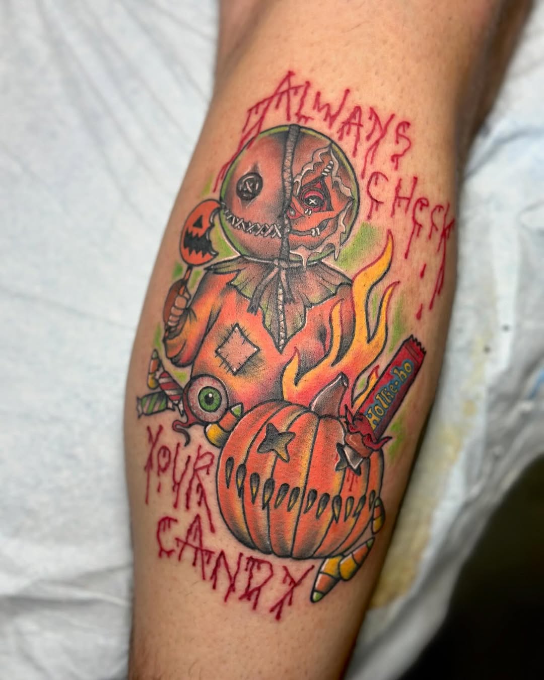 Vibrant neo-traditional Halloween scene with pumpkin and hooded figure