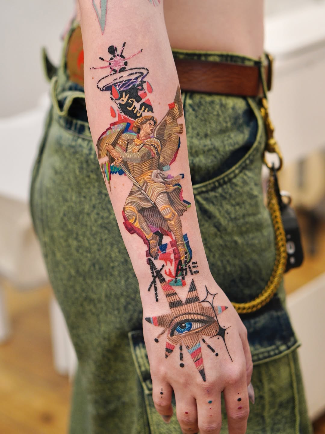 Vibrant neo-traditional archangel with sword and eye motif