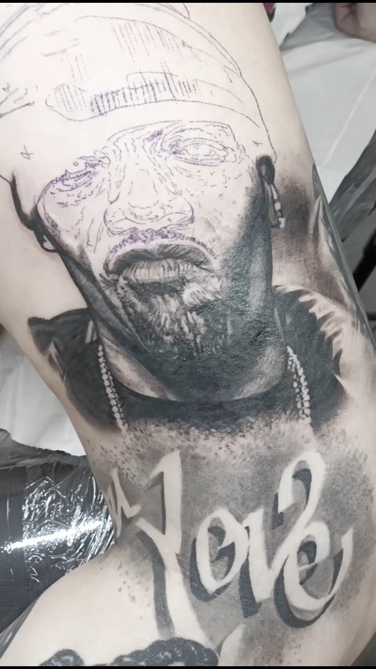 Hyper-realistic grayscale portrait with flowing bold script