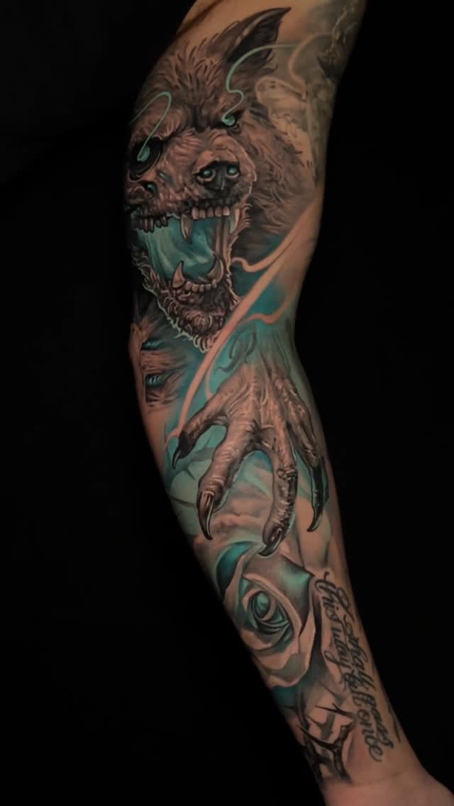 Wolf and roses tattoo sleeve